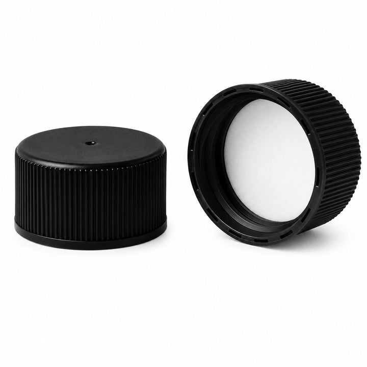 Black Screw Caps, Orifice Reducer and Black Shrink Band for Hot Sauce - 24mm Woozy Bottle Dripper