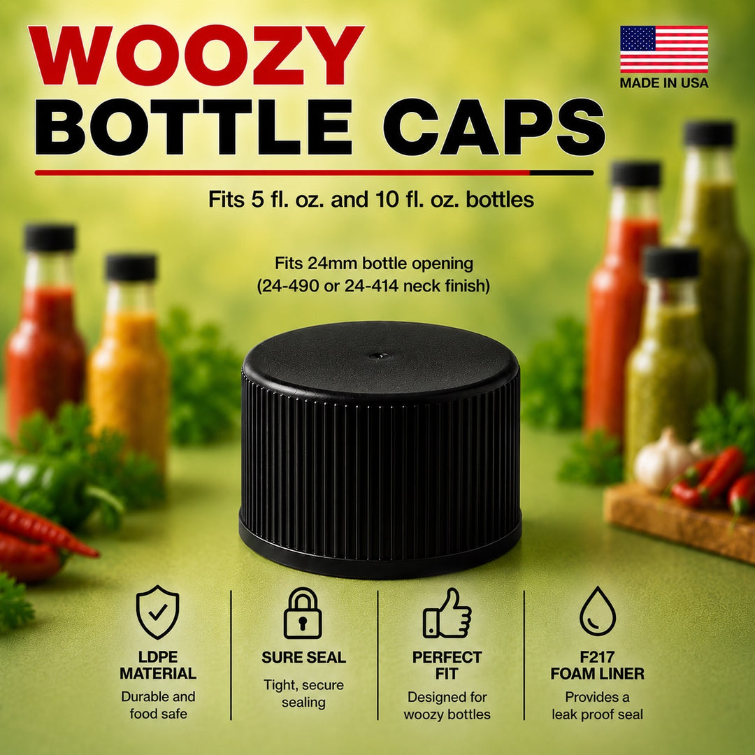 Black Screw Caps 24-414 for Woozy Bottles Hot Sauce - Food Grade Foam Liner