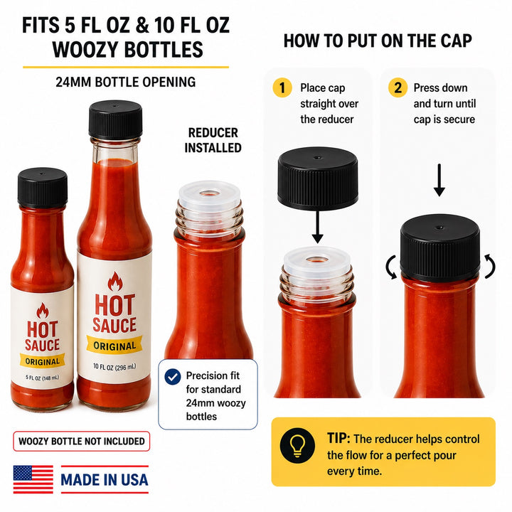 Black Screw Caps and Orifice Reducer - Compatible with 5oz. & 10oz. Woozy Hot Sauce Bottles