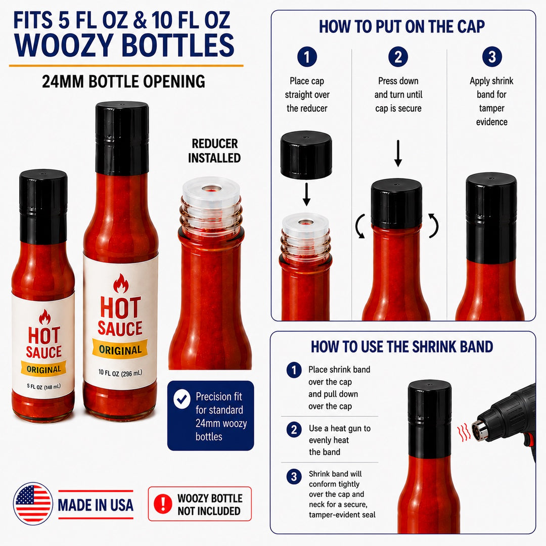 Black Screw Caps, Orifice Reducer and Black Shrink Band for Hot Sauce - 24mm Woozy Bottle Dripper