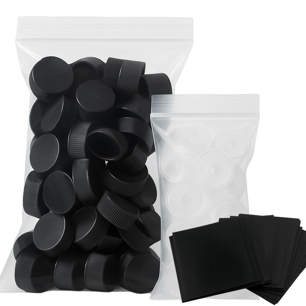 Black Screw Caps, Orifice Reducer and Black Shrink Band for Hot Sauce - 24mm Woozy Bottle Dripper