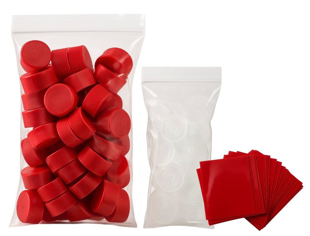 Red Screw Caps, Orifice Reducer and Red Shrink Wrap for Hot Sauce - 24mm Woozy Bottle Dripper