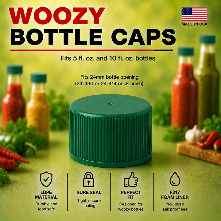 Green Screw Caps 24-414 for Woozy Bottles Hot Sauce - Food Grade Foam Liner