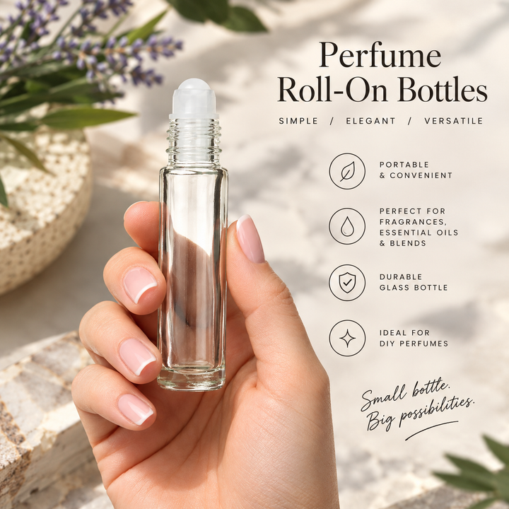 1/3 oz (10 ml) Glass Roll-On Bottle with Roller Ball & Cap – Essential Oil & Perfume Bottle