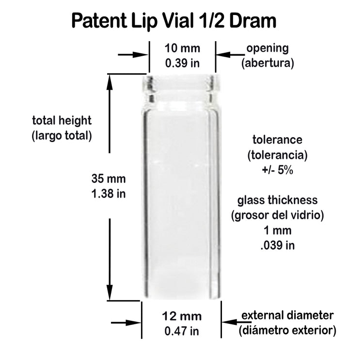 Clear Patent Lip Glass Borosilicate Vial 1/2 Dram #S900 1/2