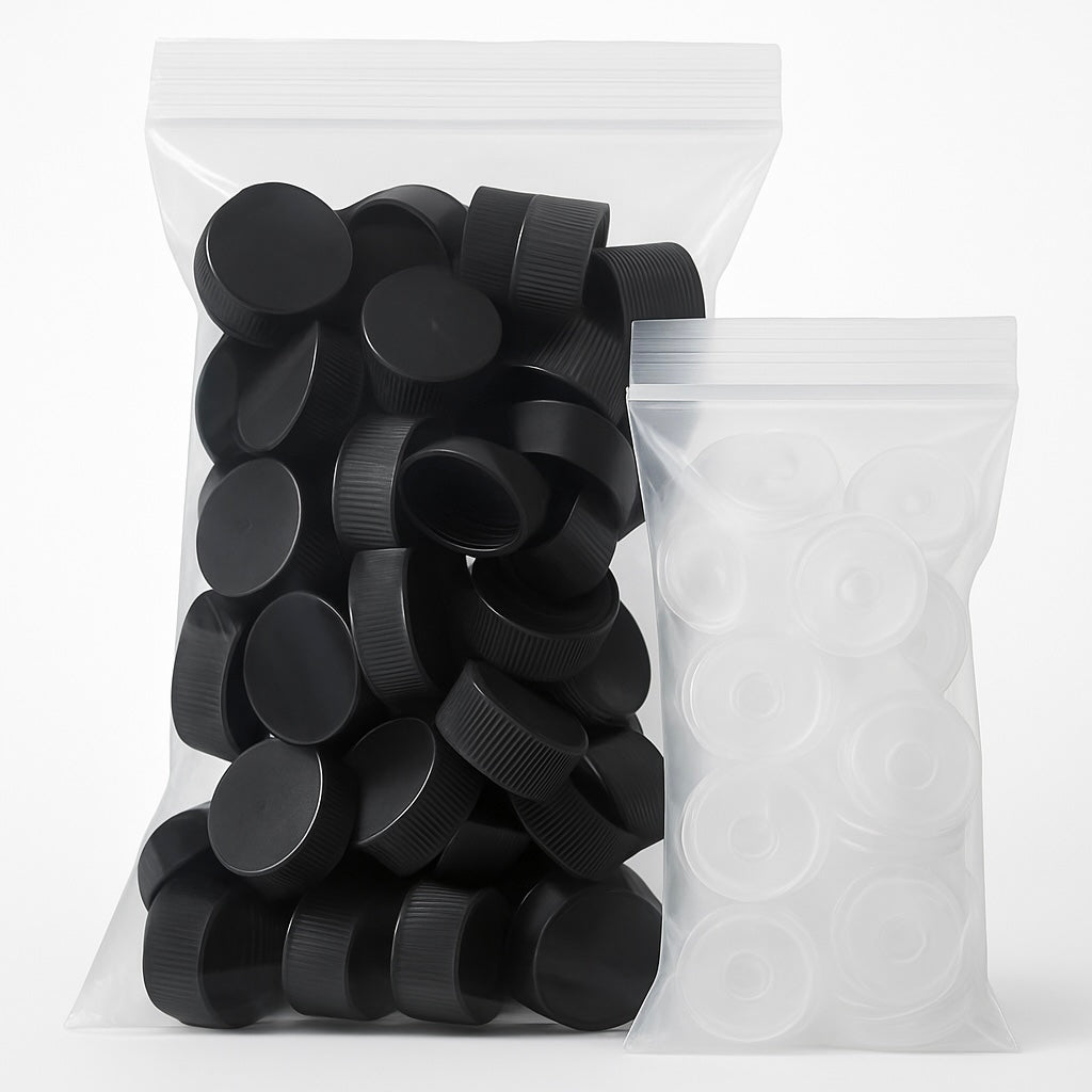 Black Screw Caps and Orifice Reducer - Compatible with 5oz. & 10oz. Woozy Hot Sauce Bottles