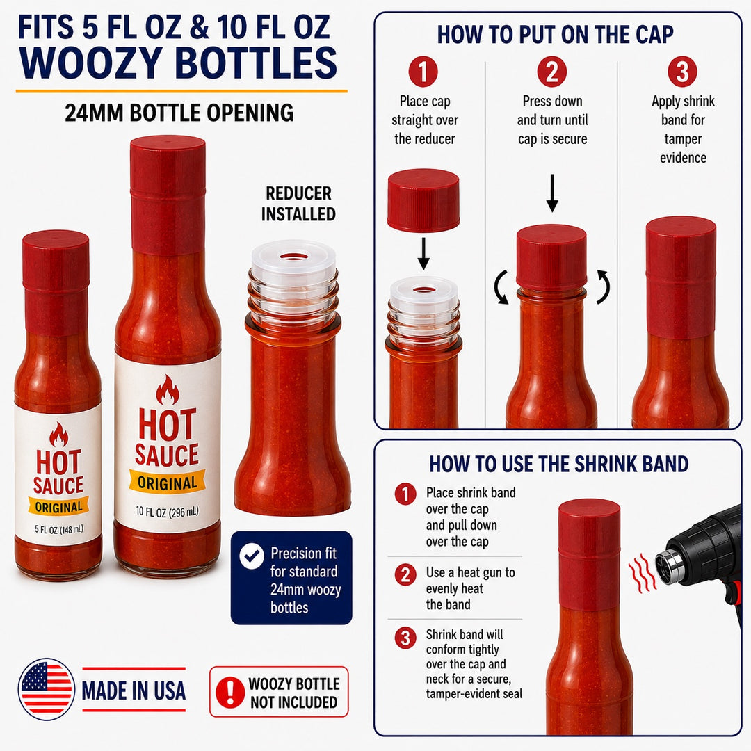 Red Screw Caps, Orifice Reducer and Red Shrink Wrap for Hot Sauce - 24mm Woozy Bottle Dripper