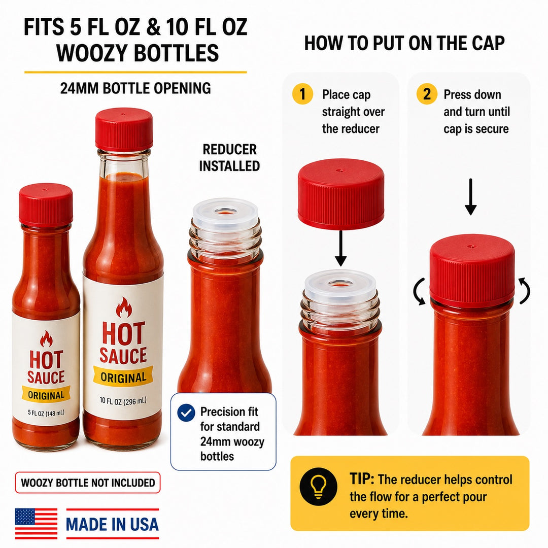 Red Screw Caps and Orifice Reducer - Compatible with 5oz. & 10oz. Woozy Hot Sauce Bottles