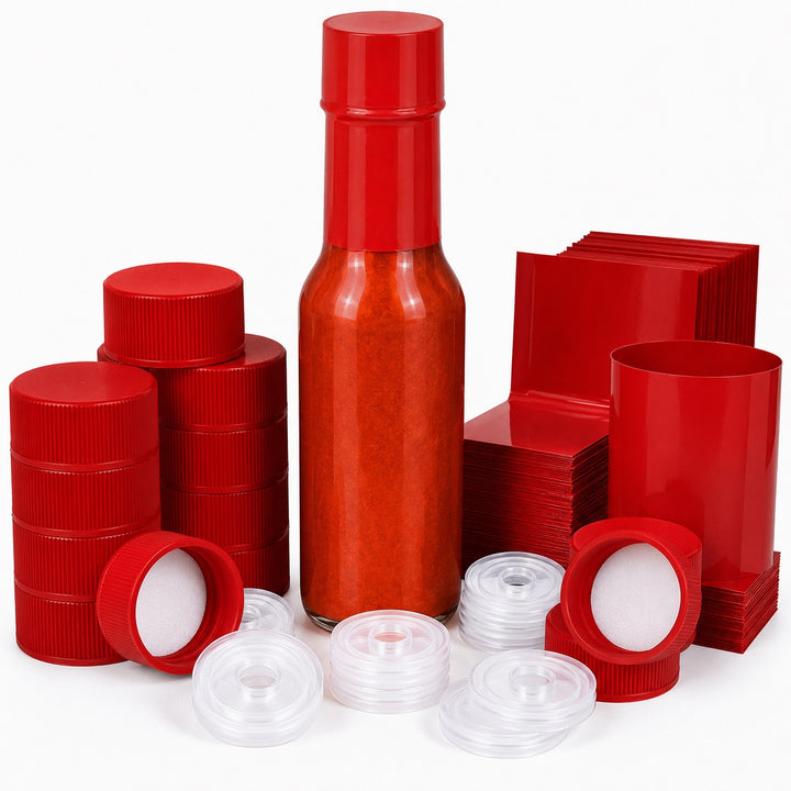 Red Screw Caps, Orifice Reducer and Red Shrink Wrap for Hot Sauce - 24mm Woozy Bottle Dripper