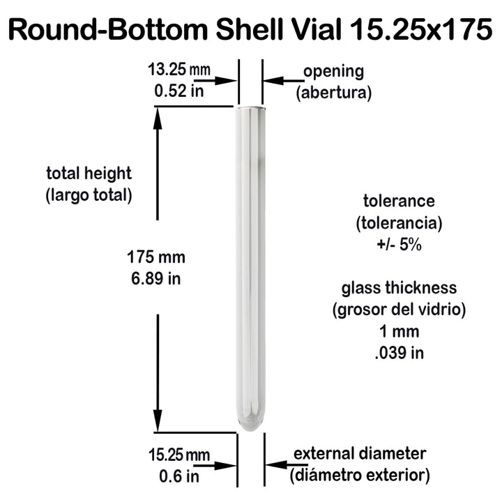 Glass Shell Borosilicate Vial Round Bottom 6 Dram 15.25x175mm SSRB