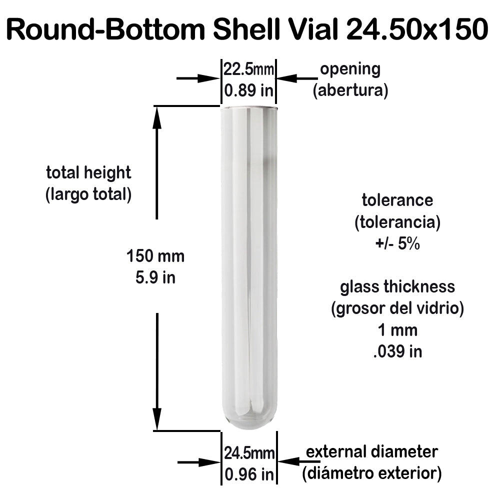 Clear Glass Shell Vial 24.5x150mm (16 Dram / 59ml) – Round Bottom Tube for Cigars, Vanilla Beans, Lab & Storage Use #SS RB 6