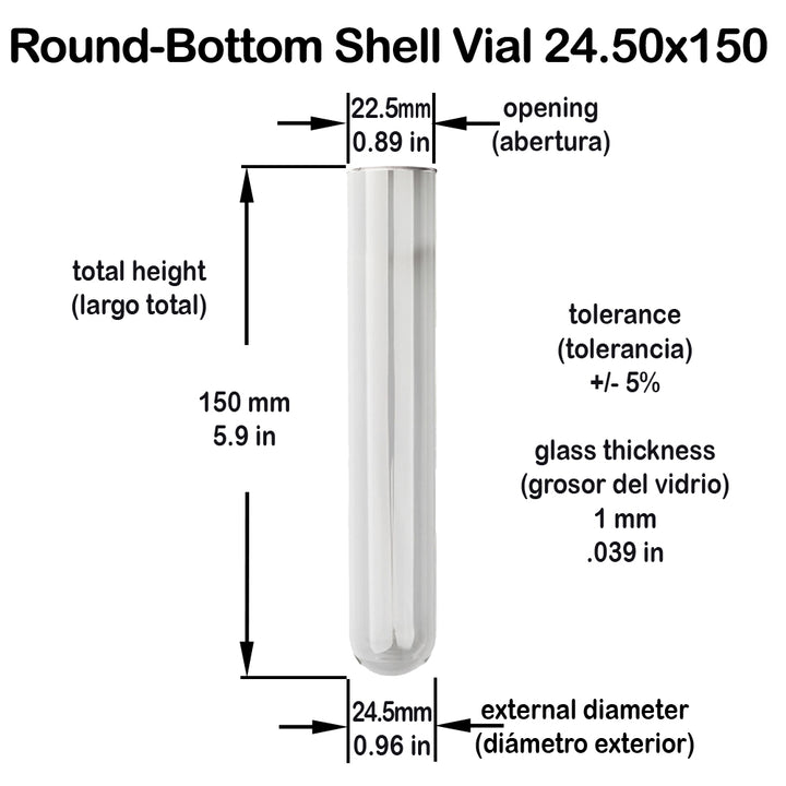 Clear Glass Shell Vial 24.5x150mm (16 Dram / 59ml) – Round Bottom Tube for Cigars, Vanilla Beans, Lab & Storage Use #SS RB 6
