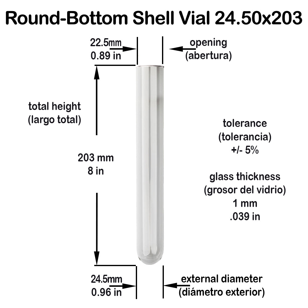 Glass Shell Borosilicate Vial Round Bottom 21 Dram 24.5x203mm #SS RB 8