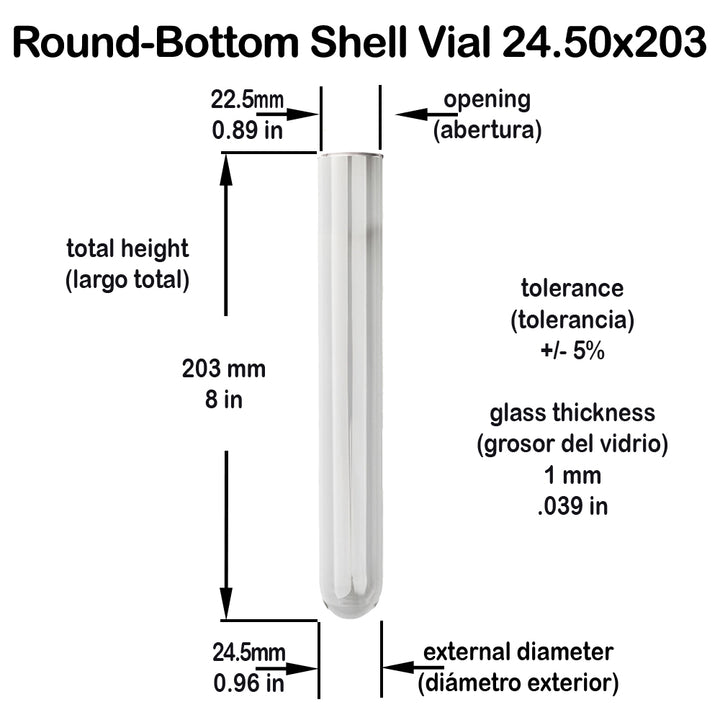 Glass Shell Borosilicate Vial Round Bottom 21 Dram 24.5x203mm #SS RB 8