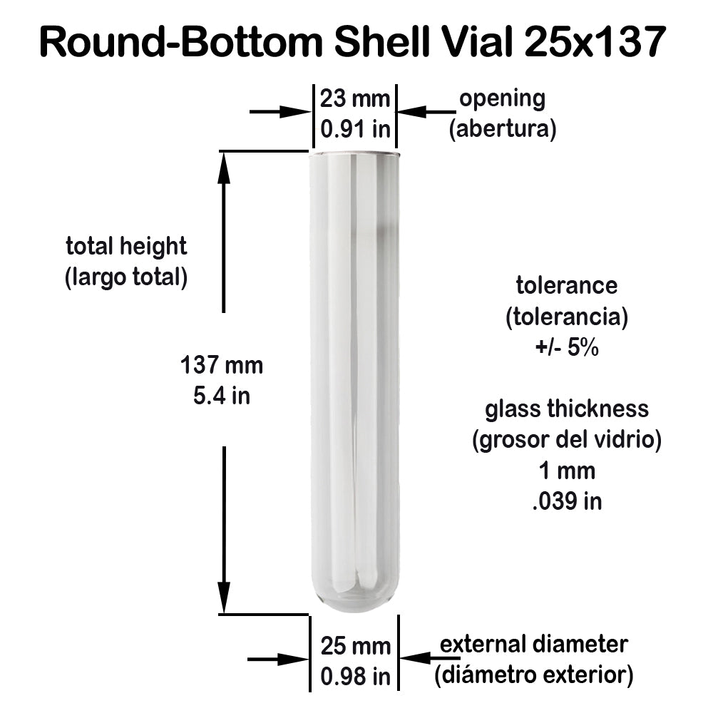 Clear Glass Shell Vial 25x137mm (30 Dram / 110ml) Round Bottom Tube for Cigars, Vanilla Beans, Lab & Storage Use #25x137mm