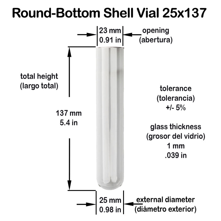 Clear Glass Shell Vial 25x137mm (30 Dram / 110ml) Round Bottom Tube for Cigars, Vanilla Beans, Lab & Storage Use #25x137mm