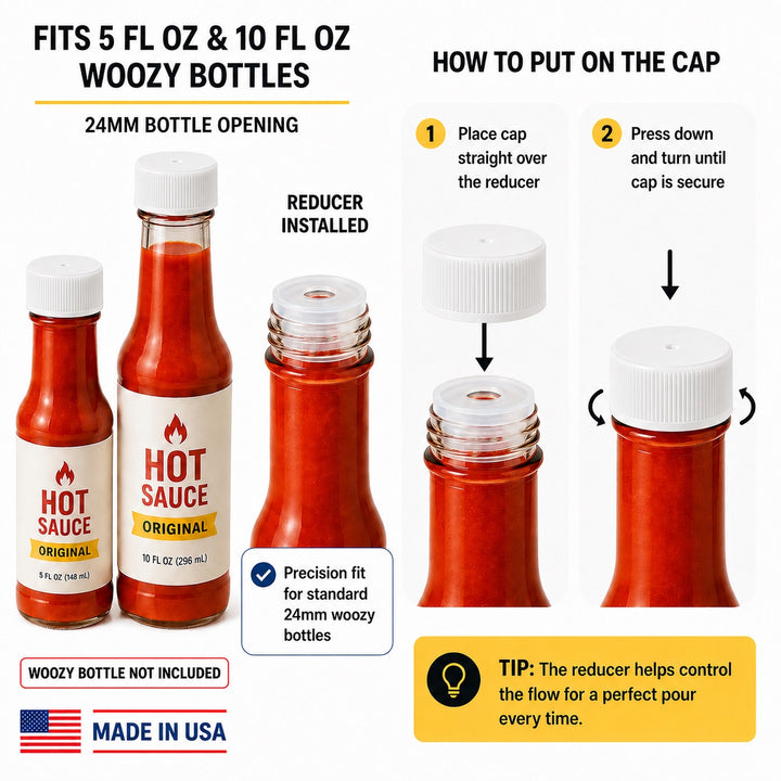 White Screw Caps and Orifice Reducer - Compatible with 5oz. & 10oz. Woozy Hot Sauce Bottles