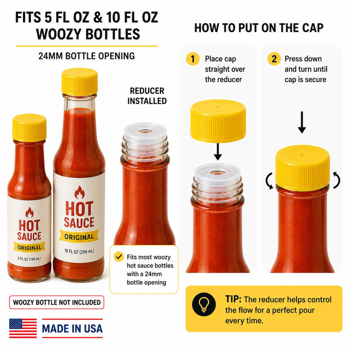 Yellow Screw Caps and Orifice Reducer - Compatible with 5 oz. & 10 oz. Woozy Hot Sauce Bottles