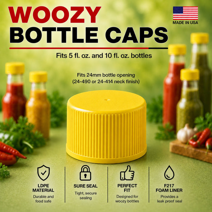 Yellow Screw Caps 24-414 for Woozy Bottles Hot Sauce - Food Grade Foam Liner