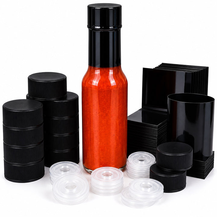 Black Screw Caps, Orifice Reducer and Black Shrink Band for Hot Sauce - 24mm Woozy Bottle Dripper